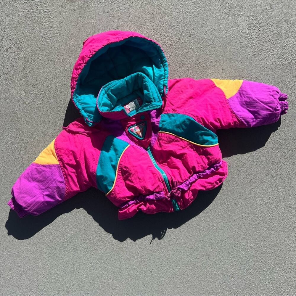 Vintage 90s OshKosh B’Gosh neon pink purple color block winter parka puffer coat